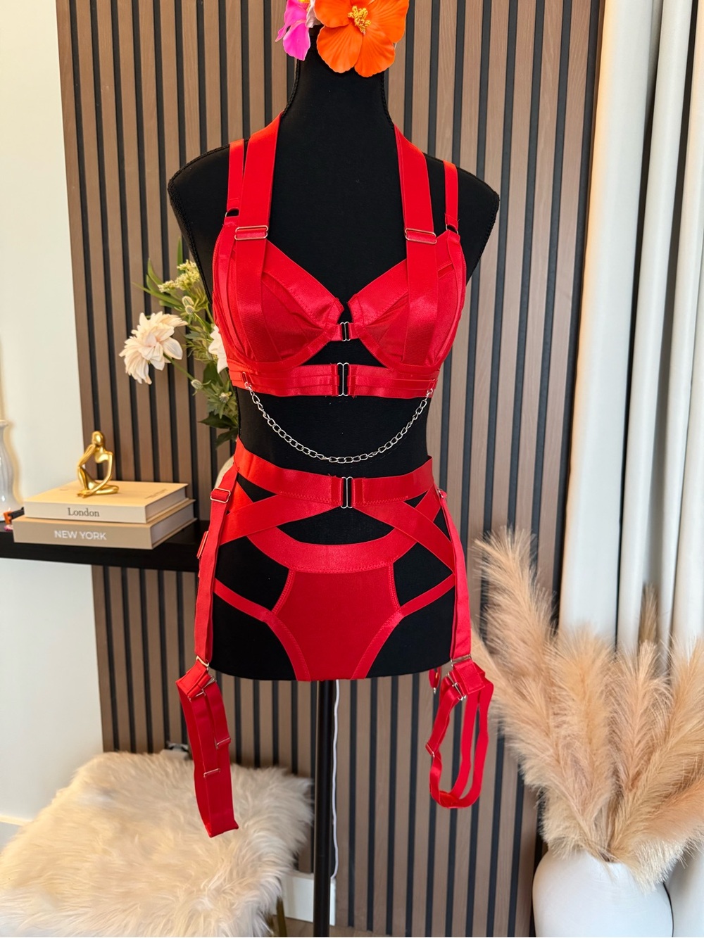 Red Strappy Harness Panty Set with Chain Detail